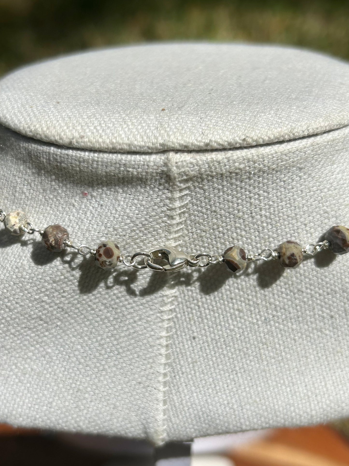 Shark Tooth Fossil with Mexican Orbicular Jasper Gemstone Sterling Silver Chain Link Wire Wrapped Necklace