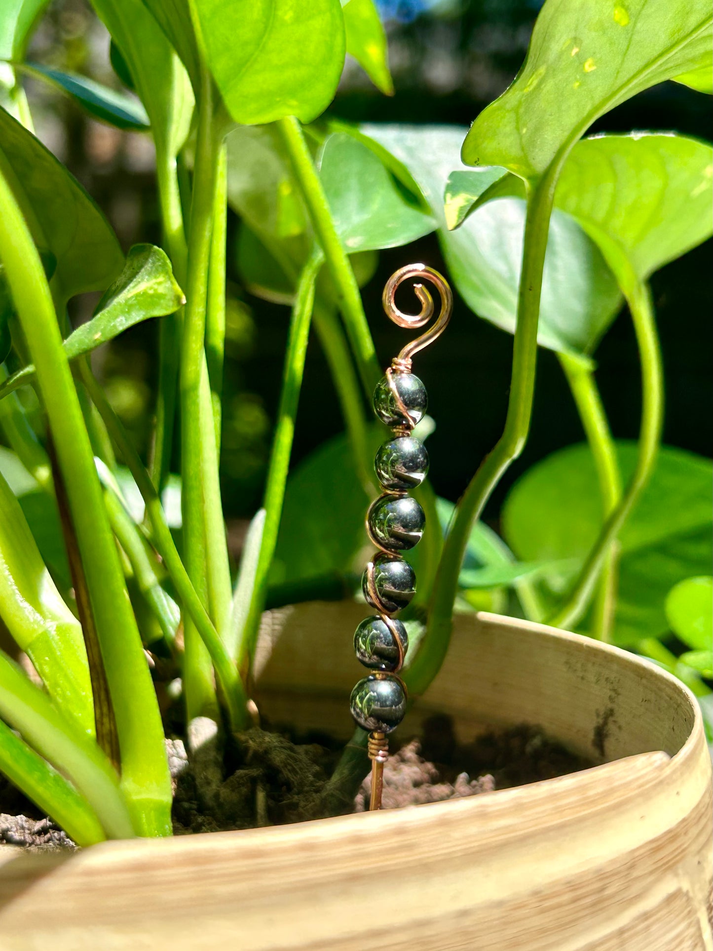 Hematite Gemstone Wire Wrapped Copper Plant Stake Decor