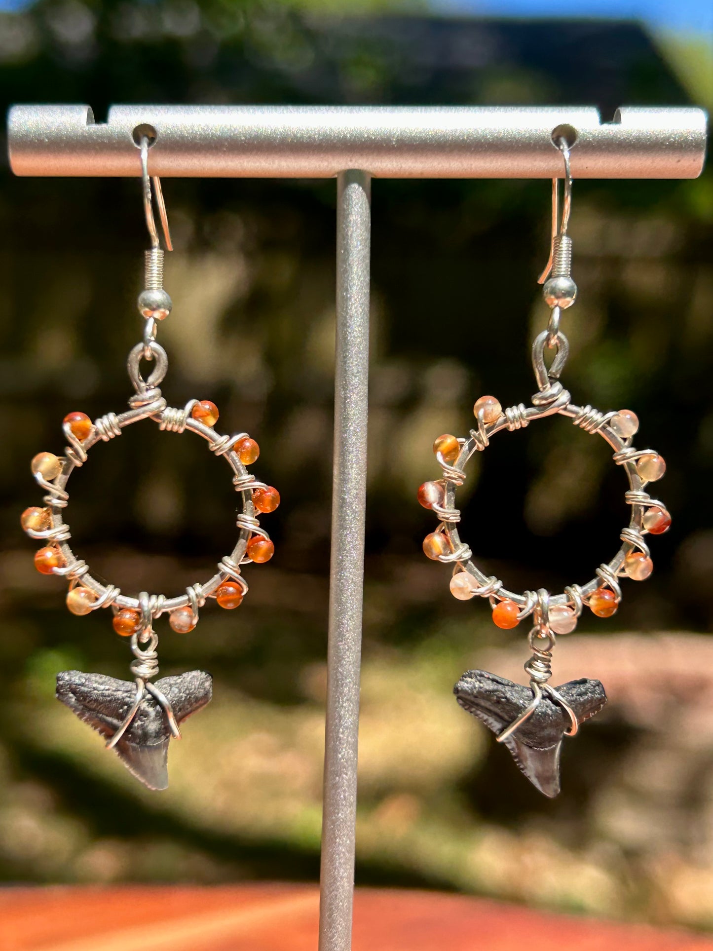 Shark Teeth & Carnelian Gemstone Wire Wrapped Sterling Silver Dangly Hoop Earrings