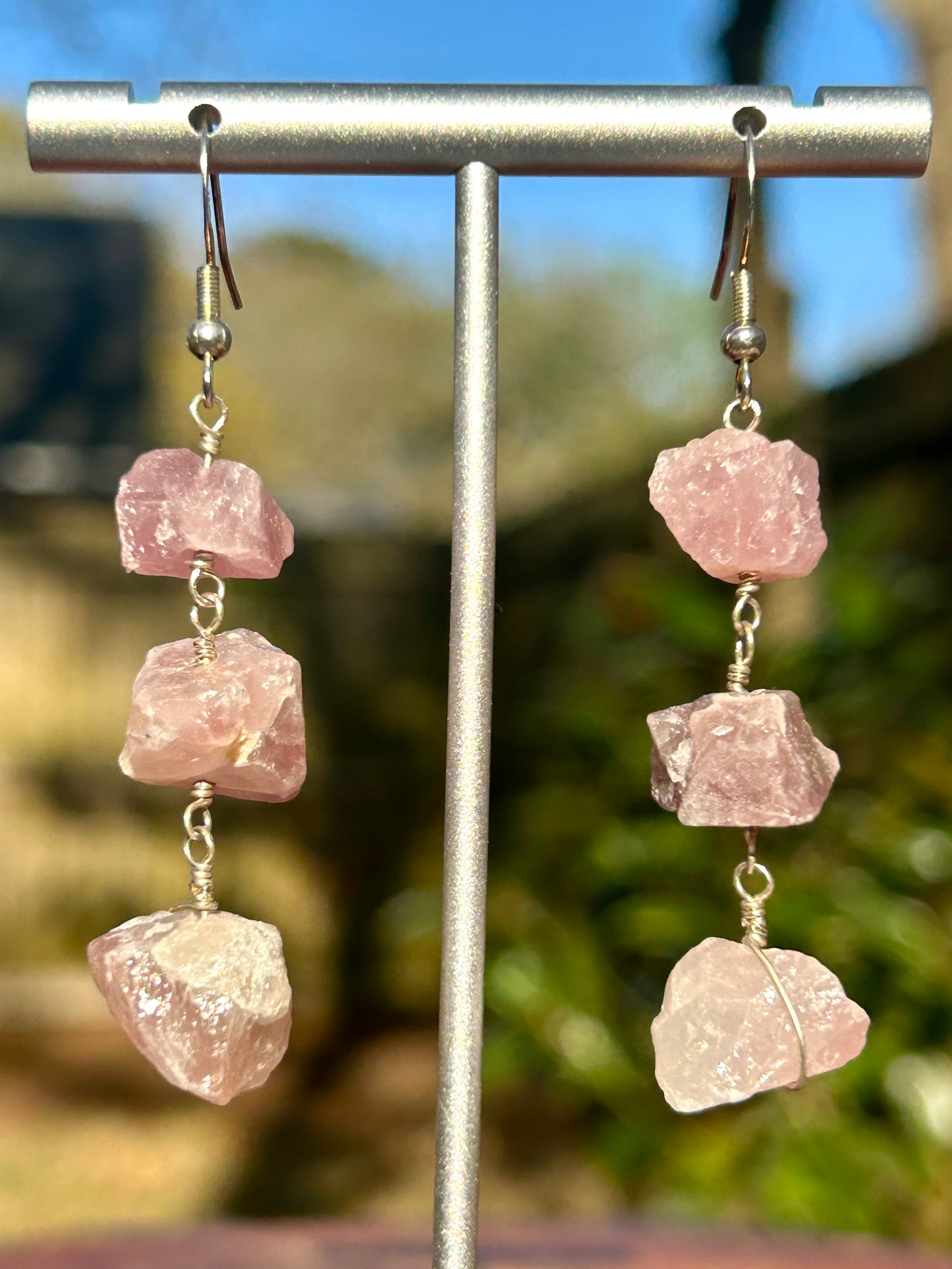 Triple Stone Rough Crystal Chain Link Sterling Silver Dangly Earrings