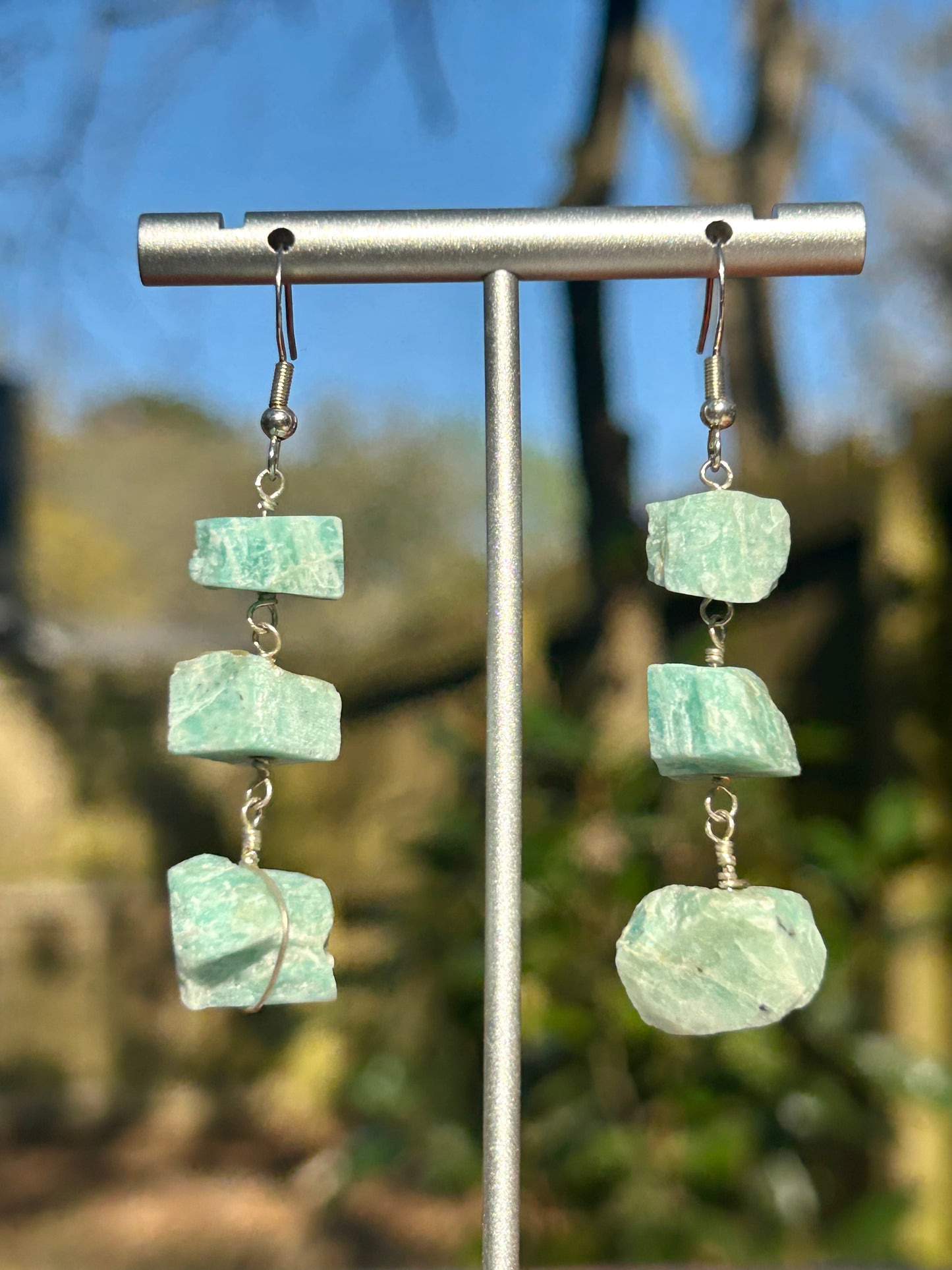 Triple Stone Rough Crystal Chain Link Sterling Silver Dangly Earrings