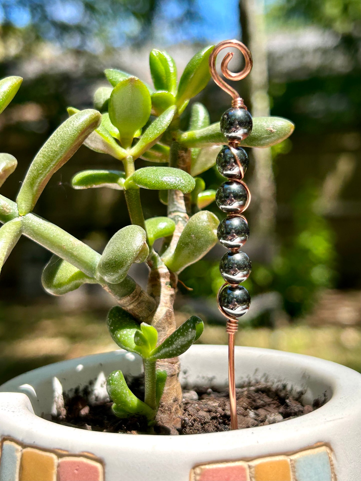 Hematite Gemstone Wire Wrapped Copper Plant Stake Decor