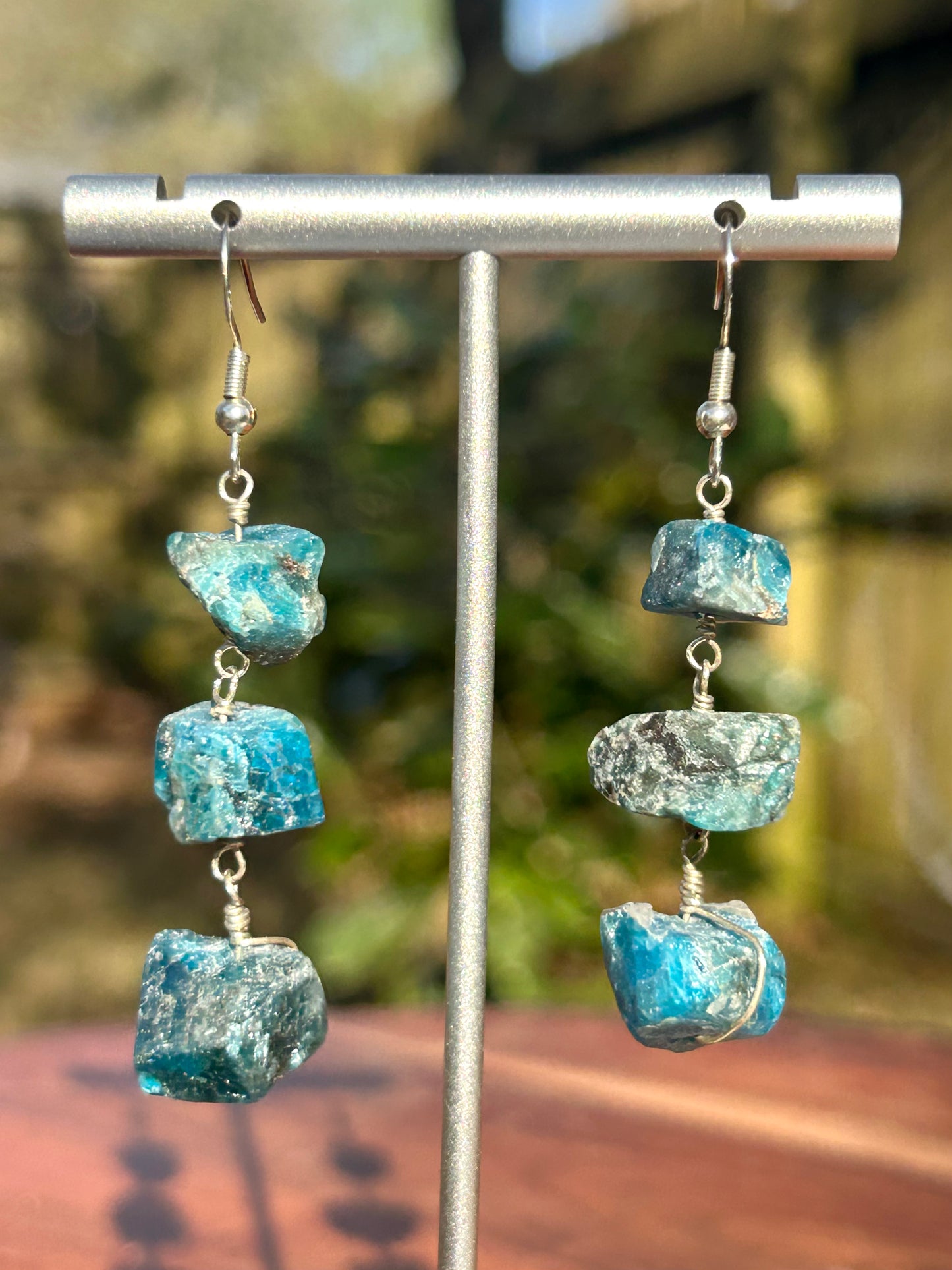 Triple Stone Rough Crystal Chain Link Sterling Silver Dangly Earrings