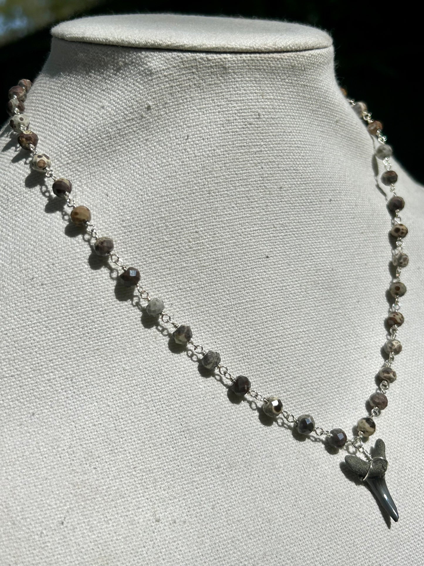 Shark Tooth Fossil with Mexican Orbicular Jasper Gemstone Sterling Silver Chain Link Wire Wrapped Necklace