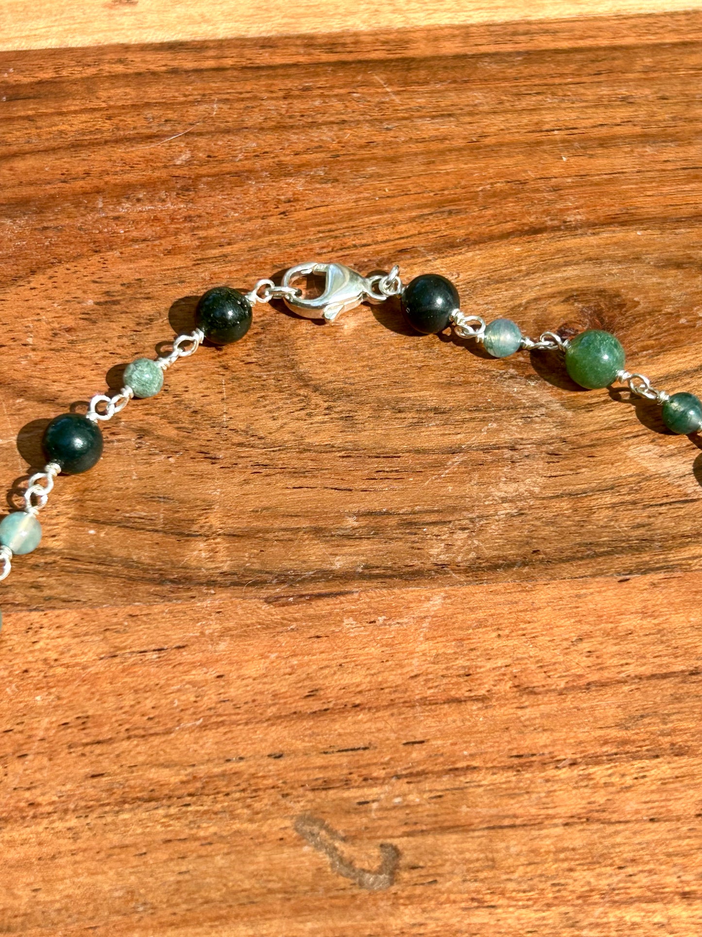Moss Agate Gemstone Sterling Silver Chain Link Wire Wrapped Necklace