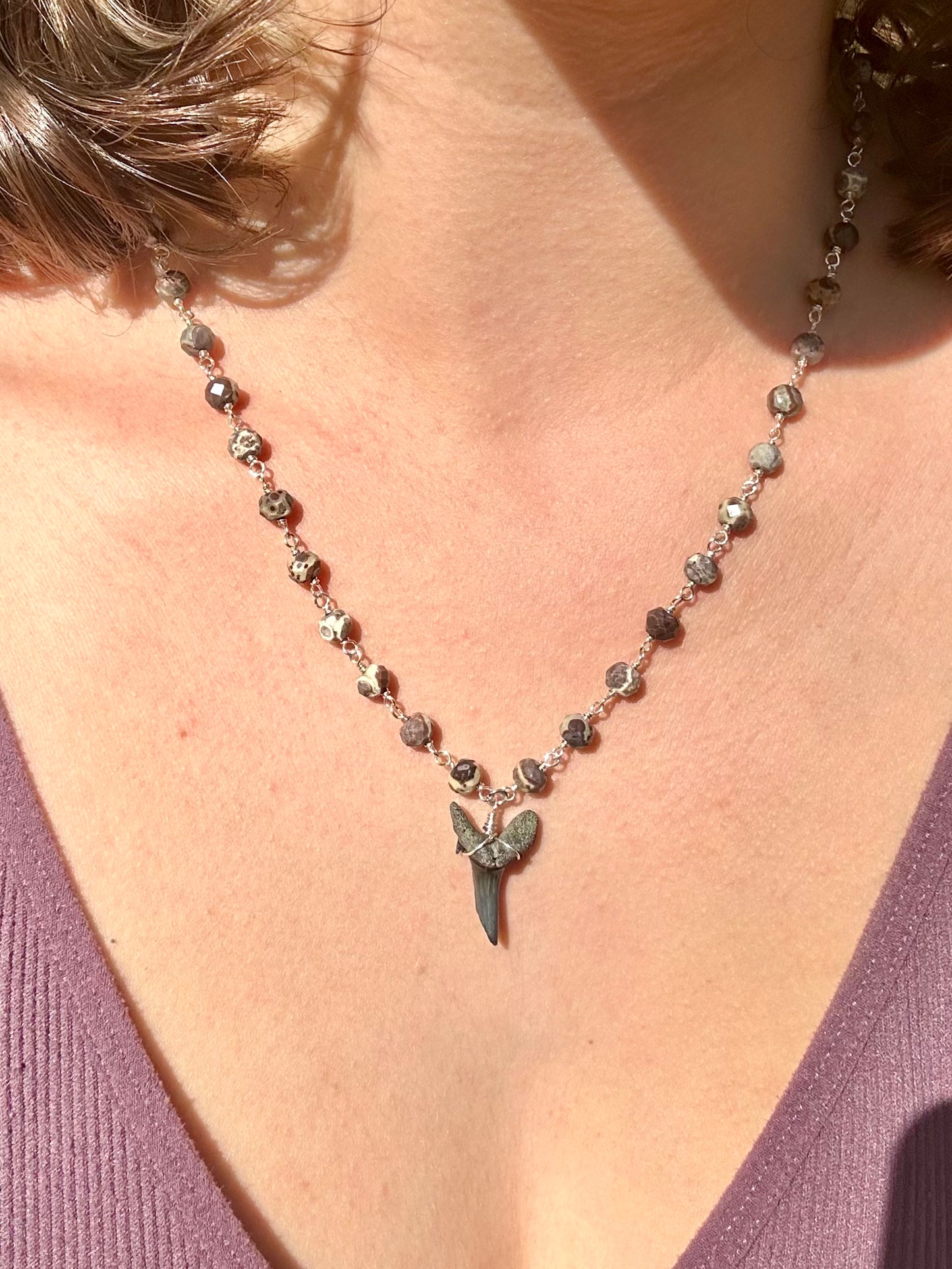 Shark Tooth Fossil with Mexican Orbicular Jasper Gemstone Sterling Silver Chain Link Wire Wrapped Necklace