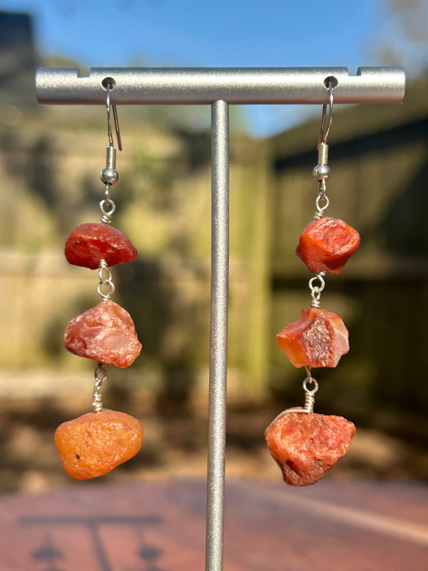 Triple Stone Rough Crystal Chain Link Sterling Silver Dangly Earrings