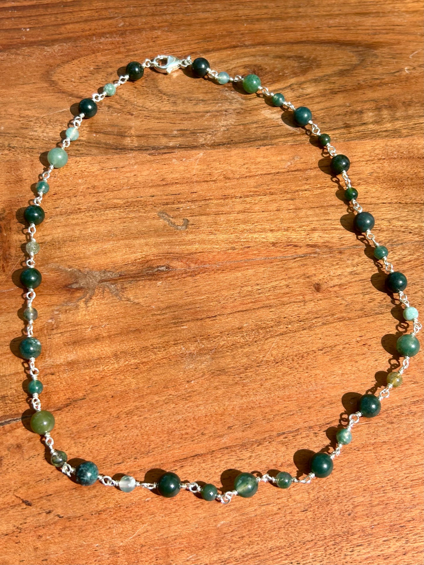 Moss Agate Gemstone Sterling Silver Chain Link Wire Wrapped Necklace