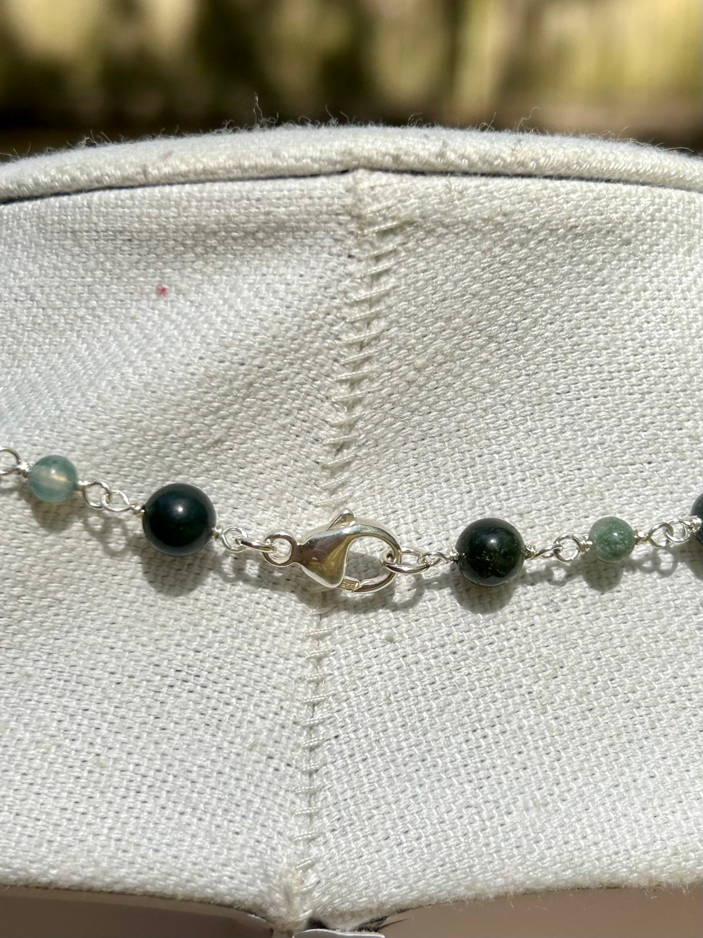 Moss Agate Gemstone Sterling Silver Chain Link Wire Wrapped Necklace