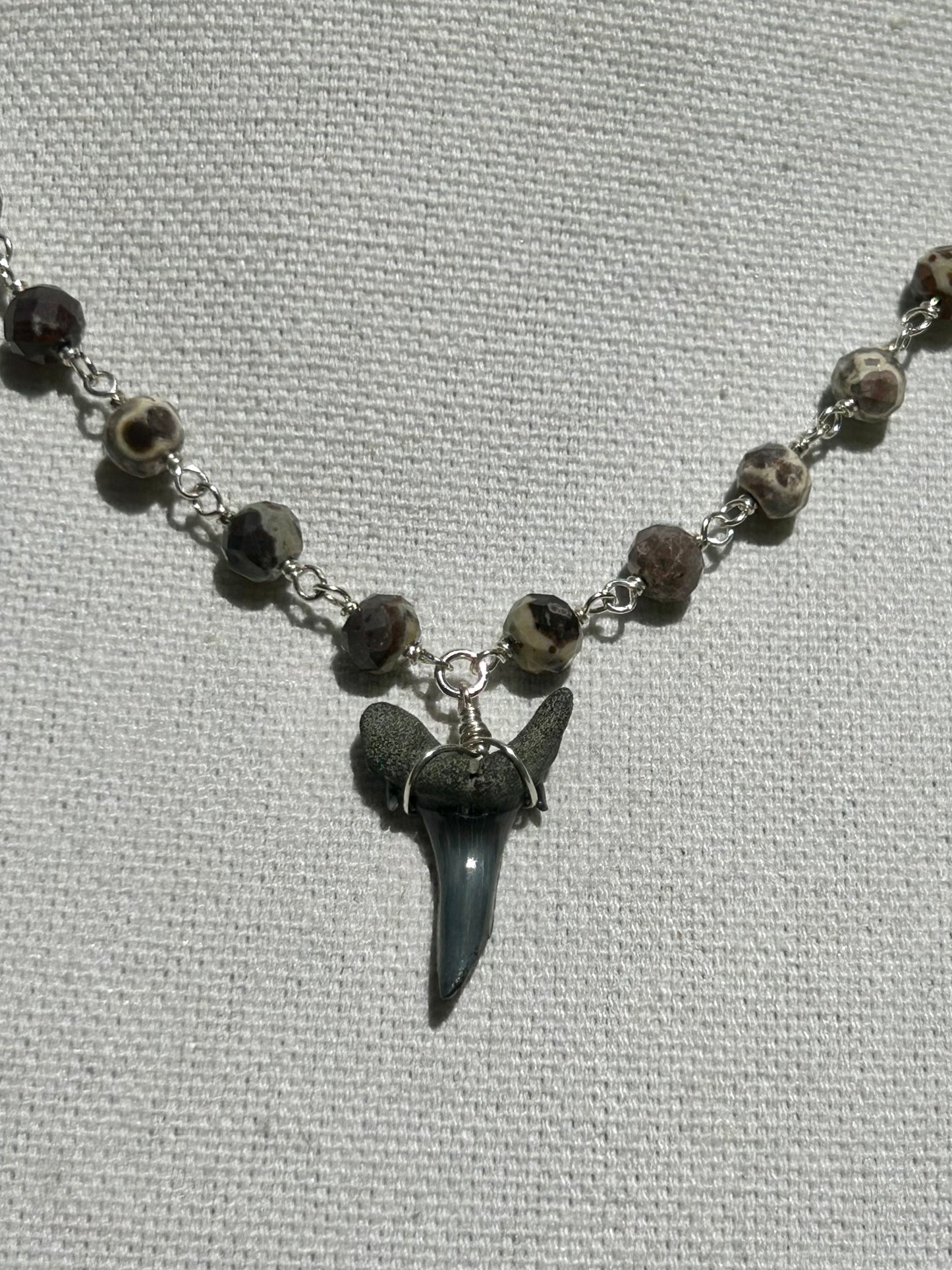 Shark Tooth Fossil with Mexican Orbicular Jasper Gemstone Sterling Silver Chain Link Wire Wrapped Necklace