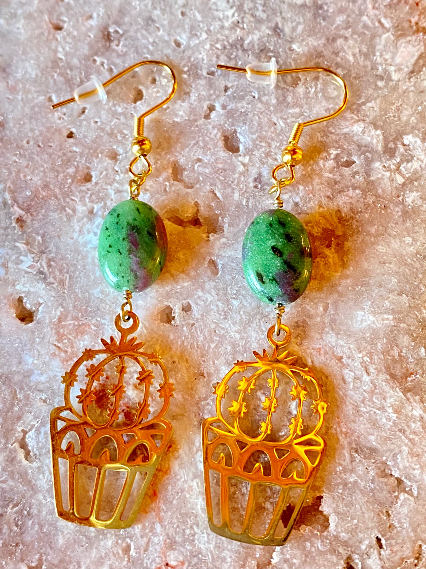 Ruby Zoisite & Cactus Charm 18k Gold Plated Stainless Steel Earrings