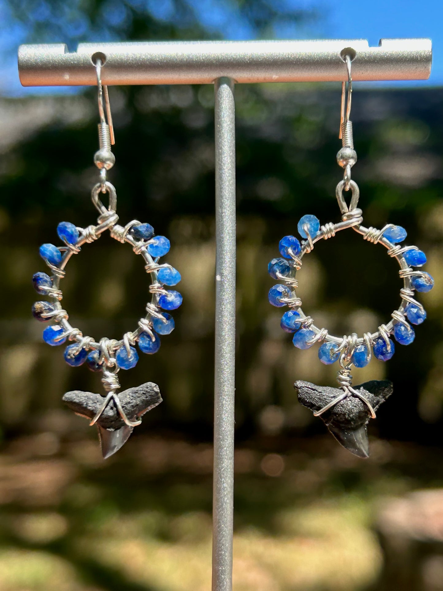 Shark Teeth & Kyanite Gemstone Wire Wrapped Sterling Silver Dangly Hoop Earrings