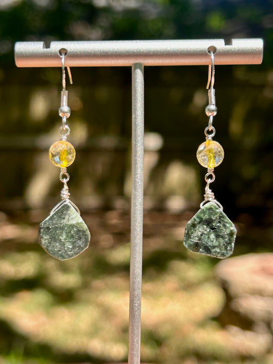 Green Charoite & Citrine Gemstone Sterling Silver Dangly Earrings