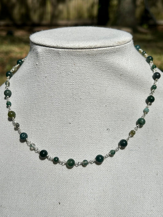 Moss Agate Gemstone Sterling Silver Chain Link Wire Wrapped Necklace