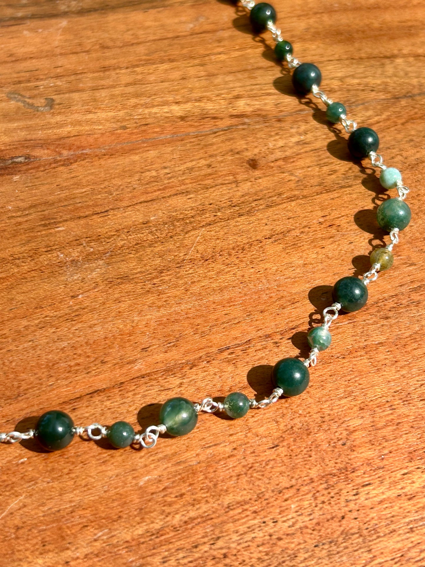 Moss Agate Gemstone Sterling Silver Chain Link Wire Wrapped Necklace