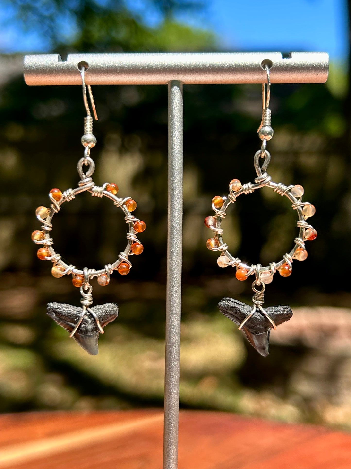 Shark Teeth & Carnelian Gemstone Wire Wrapped Sterling Silver Dangly Hoop Earrings