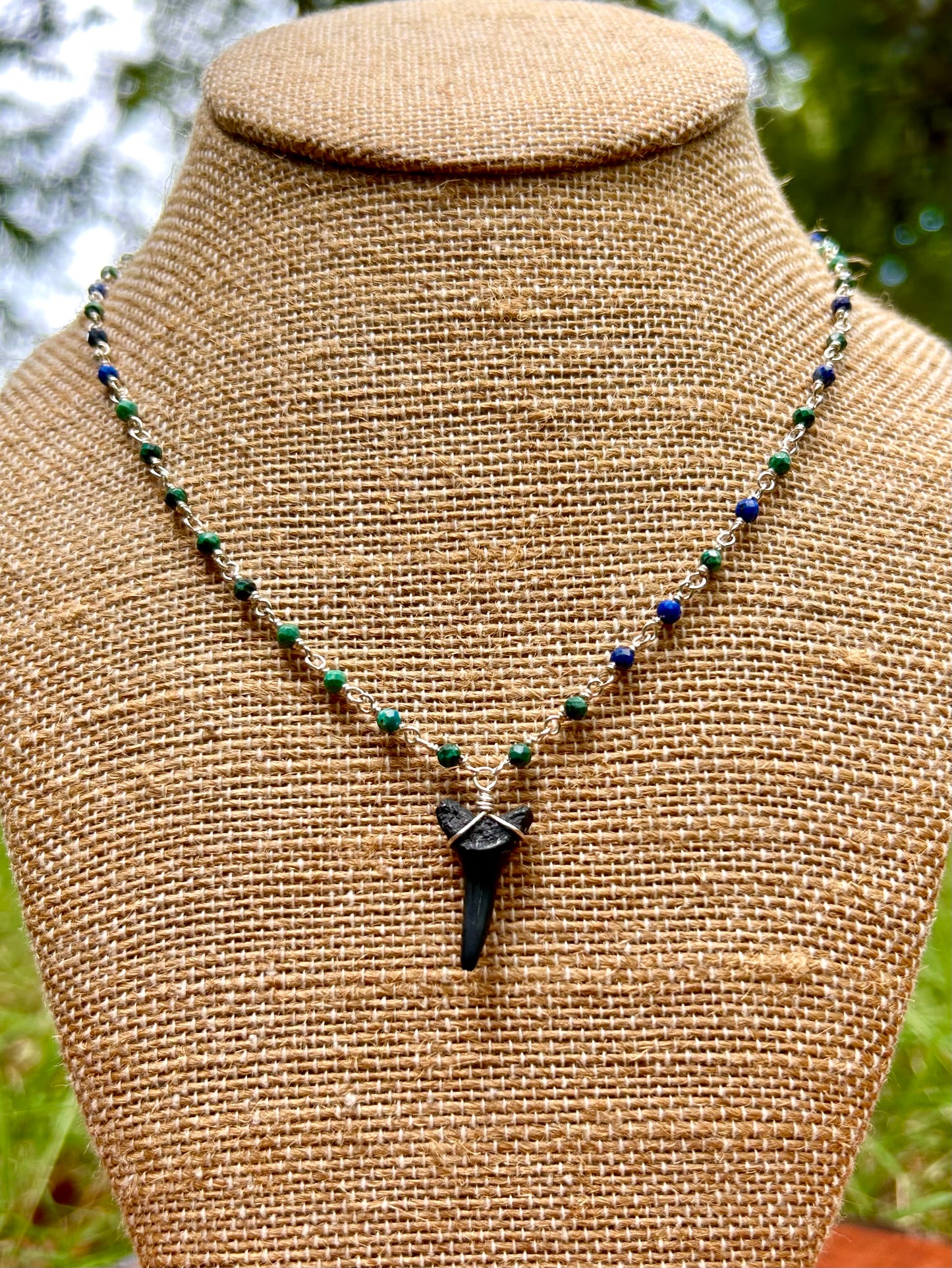 Shark Tooth Fossil with Azurite Gemstone Sterling Silver Chain Link Wire Wrapped Necklace