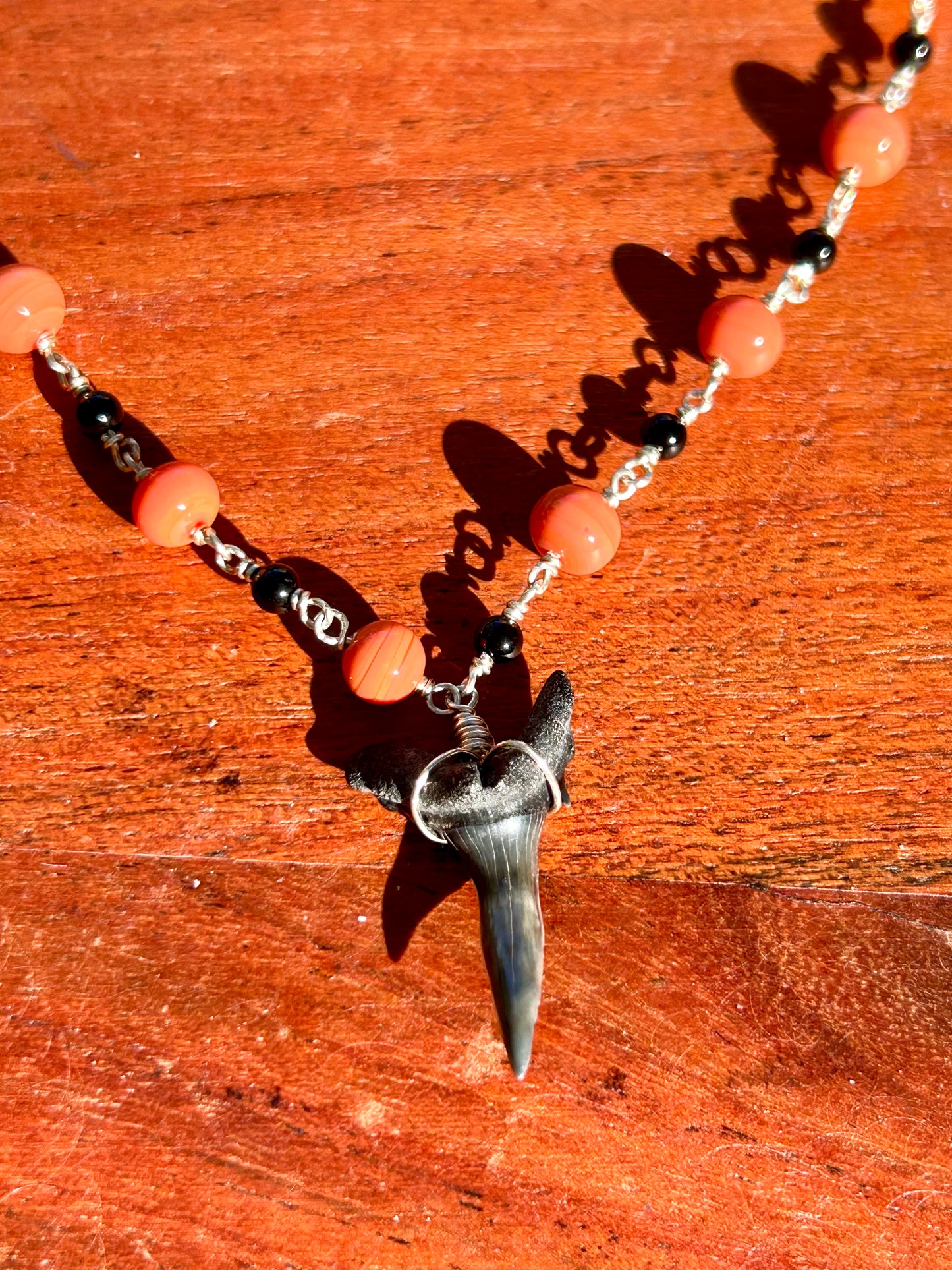 Shark Tooth Fossil with Coral & Black Onyx Sterling Silver Chain Link Necklace