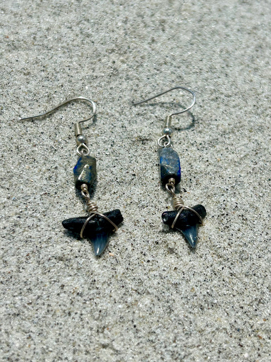 Shark Tooth Fossil with Lapis Lazuli Gemstone Sterling Silver Dangly Earrings