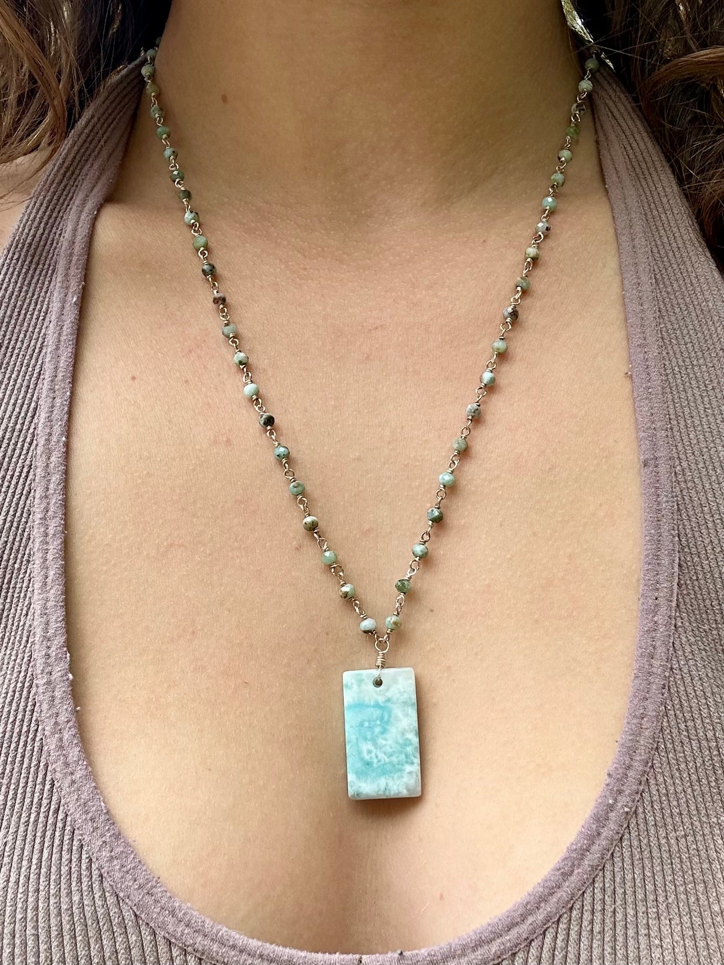 Larimar Gemstone Sterling Silver Chain Link Wire Wrapped Necklace