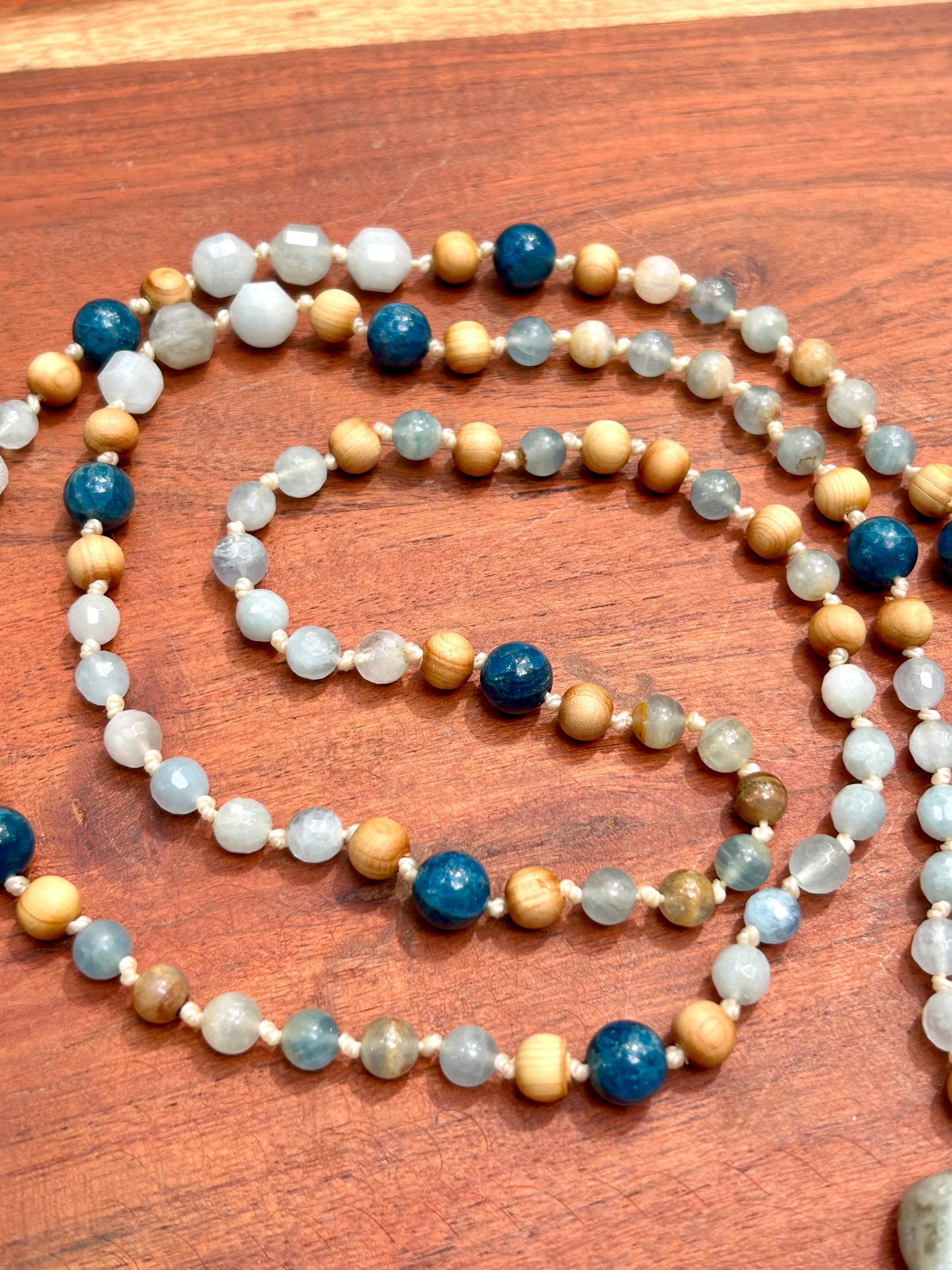 Aquamarine, Apatite & Cedar Wood Hand Knotted Mala Beads Necklace