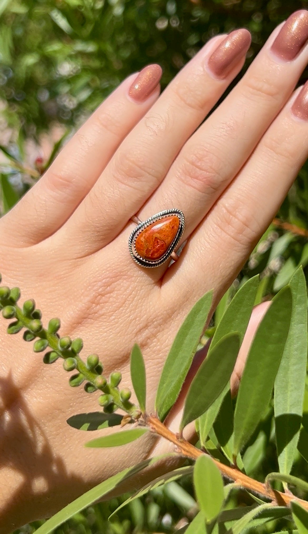 Apple Coral Sterling Silver Ring, Size 8.5