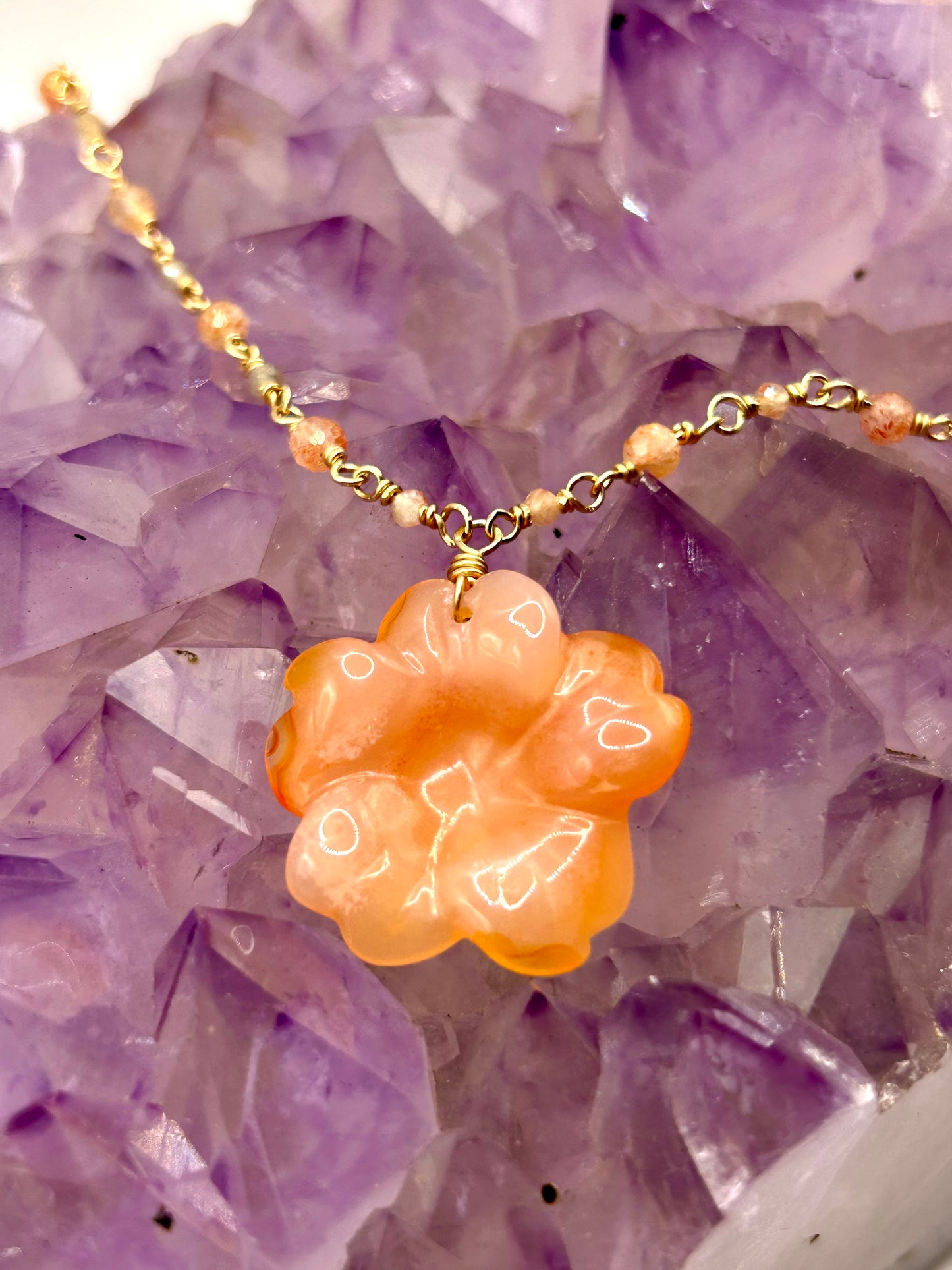 Carnelian Flower Pendant with Sunstone & Moonstone 14k Gold Fill Chain Link Gemstone Wire Wrapped Necklace