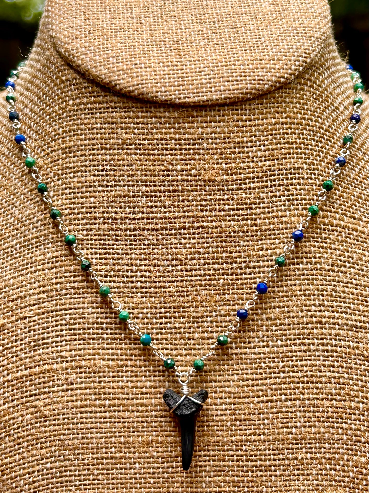 Shark Tooth Fossil with Azurite Gemstone Sterling Silver Chain Link Wire Wrapped Necklace