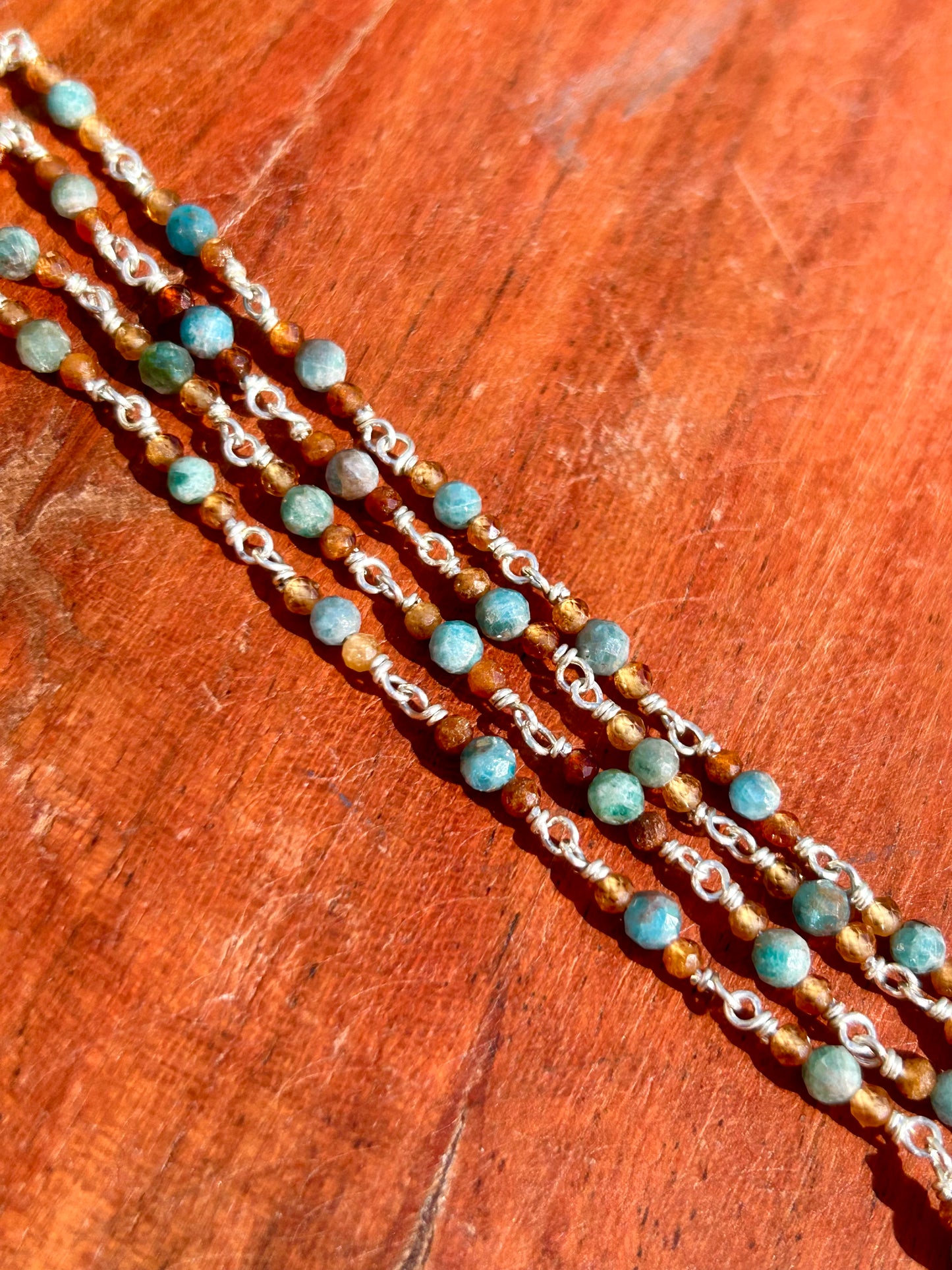 Orange Garnet & Blue Apatite Gemstone Sterling Silver Chain Link Necklace