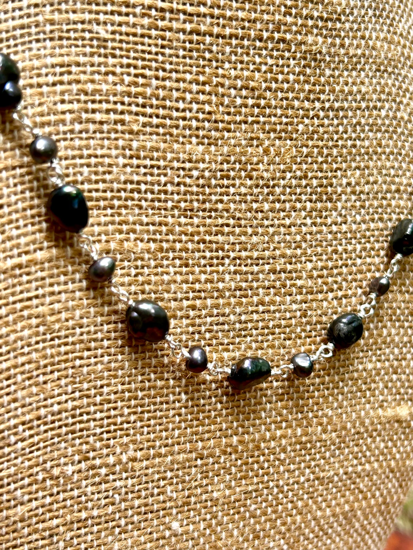 Black Freshwater Pearl Sterling Silver Chain Link Wire Wrapped Necklace