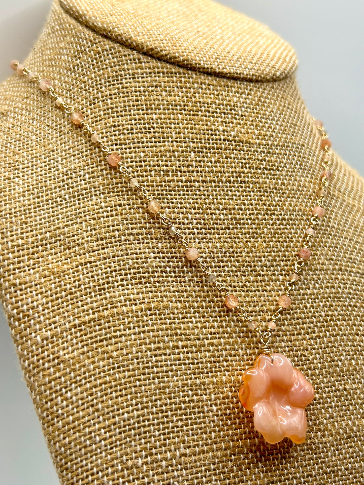 Carnelian Flower Pendant with Sunstone & Moonstone 14k Gold Fill Chain Link Gemstone Wire Wrapped Necklace