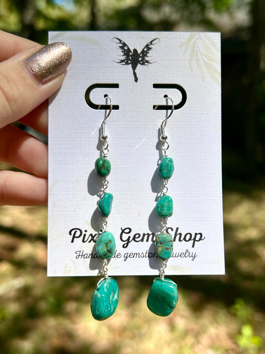 Turquoise & Amazonite Gemstone Chain Sterling Silver Dangly Earrings