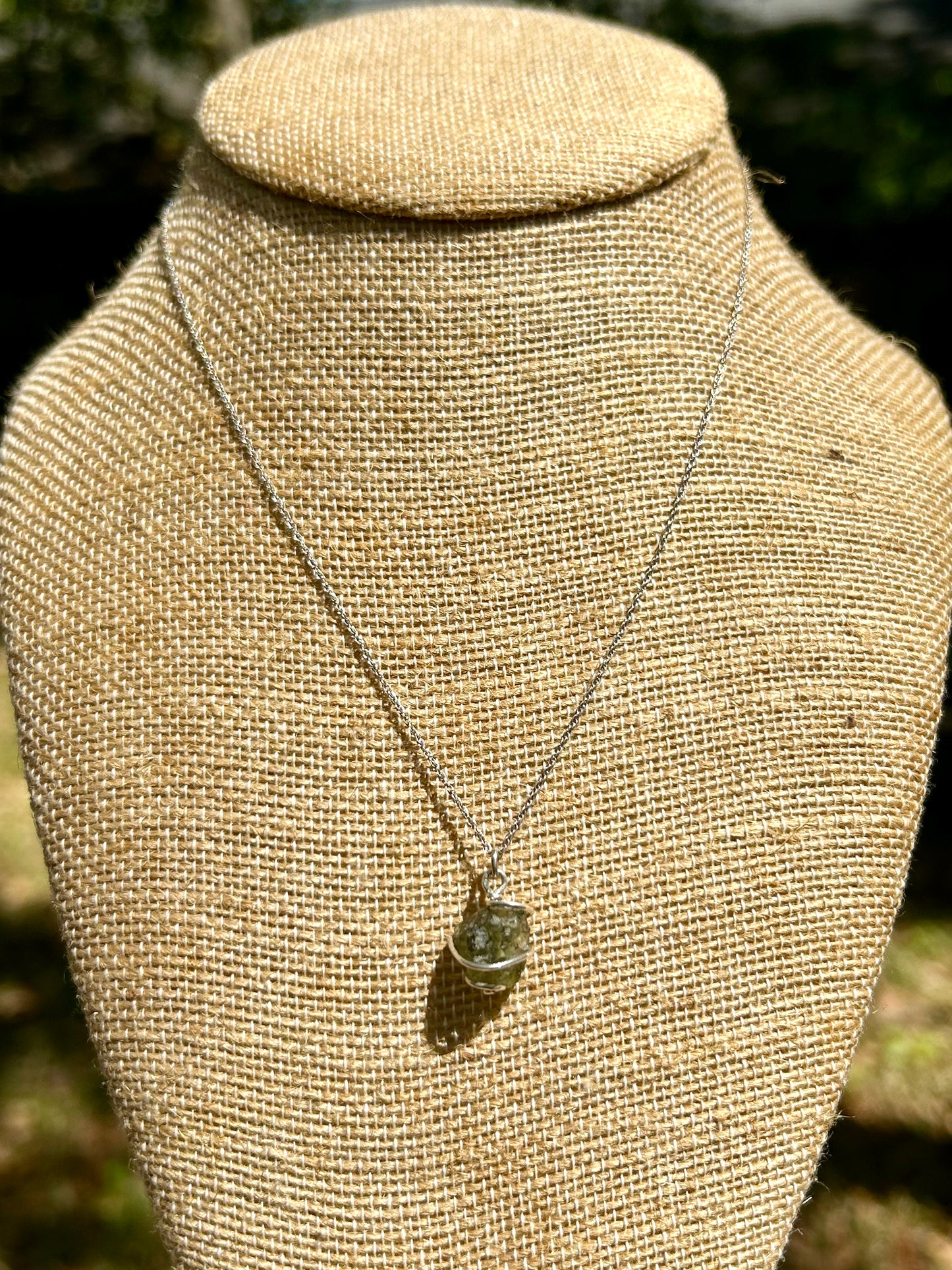 Moldavite Sterling Silver Wire Wrapped Simple Pendant Necklace