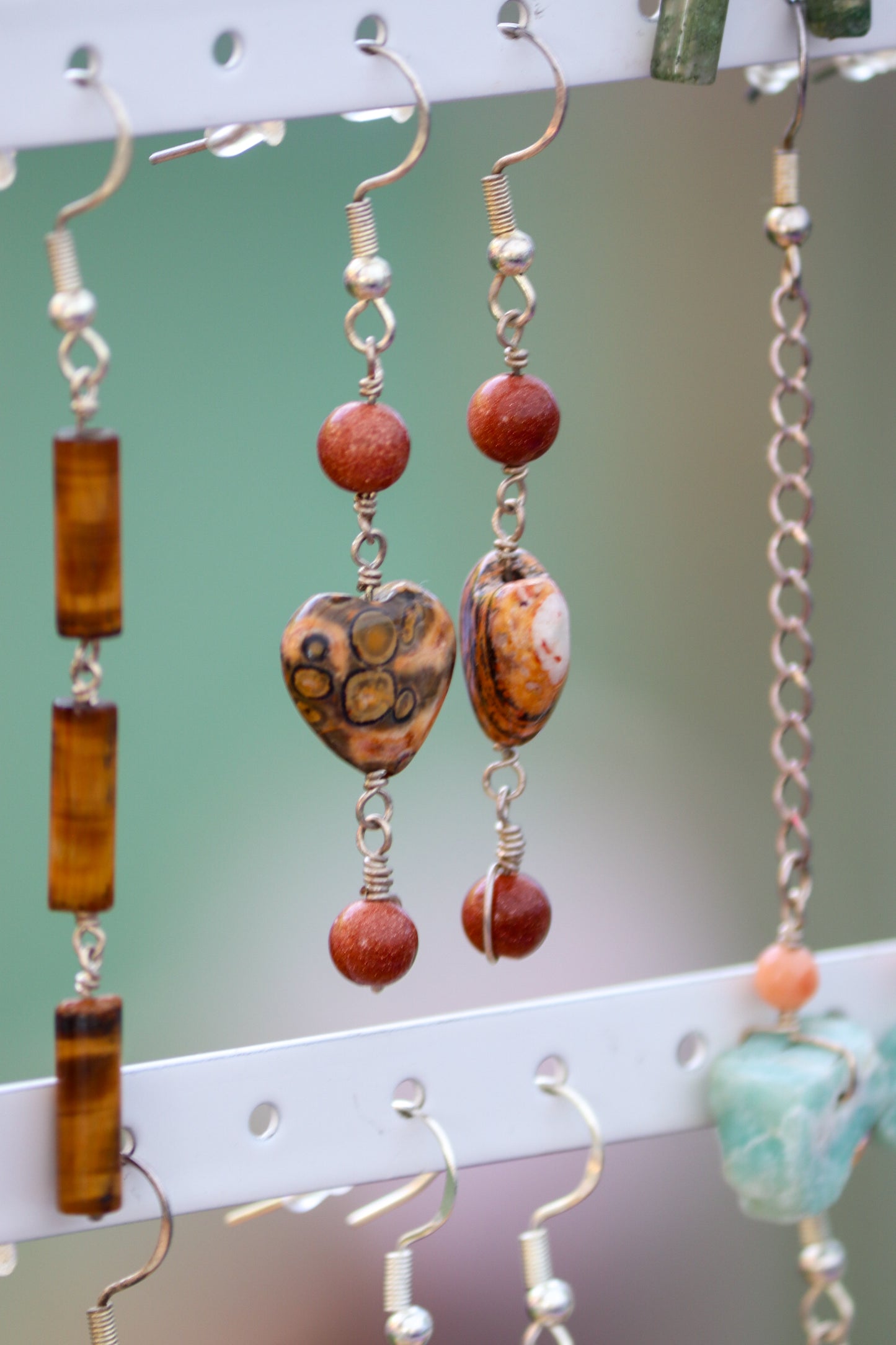 Leopard Skin Jasper Heart & Goldstone Sterling Silver Dangly Earrings