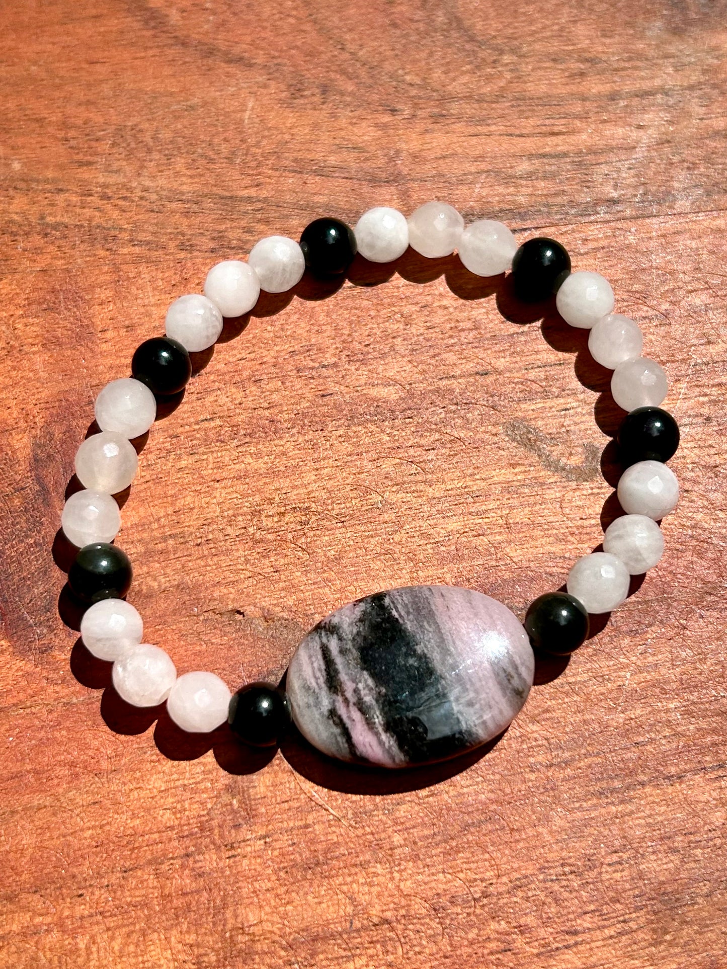 Pink Zebra Jasper, Rose Quartz & Gold Sheen Obsidian Gemstone Bracelet