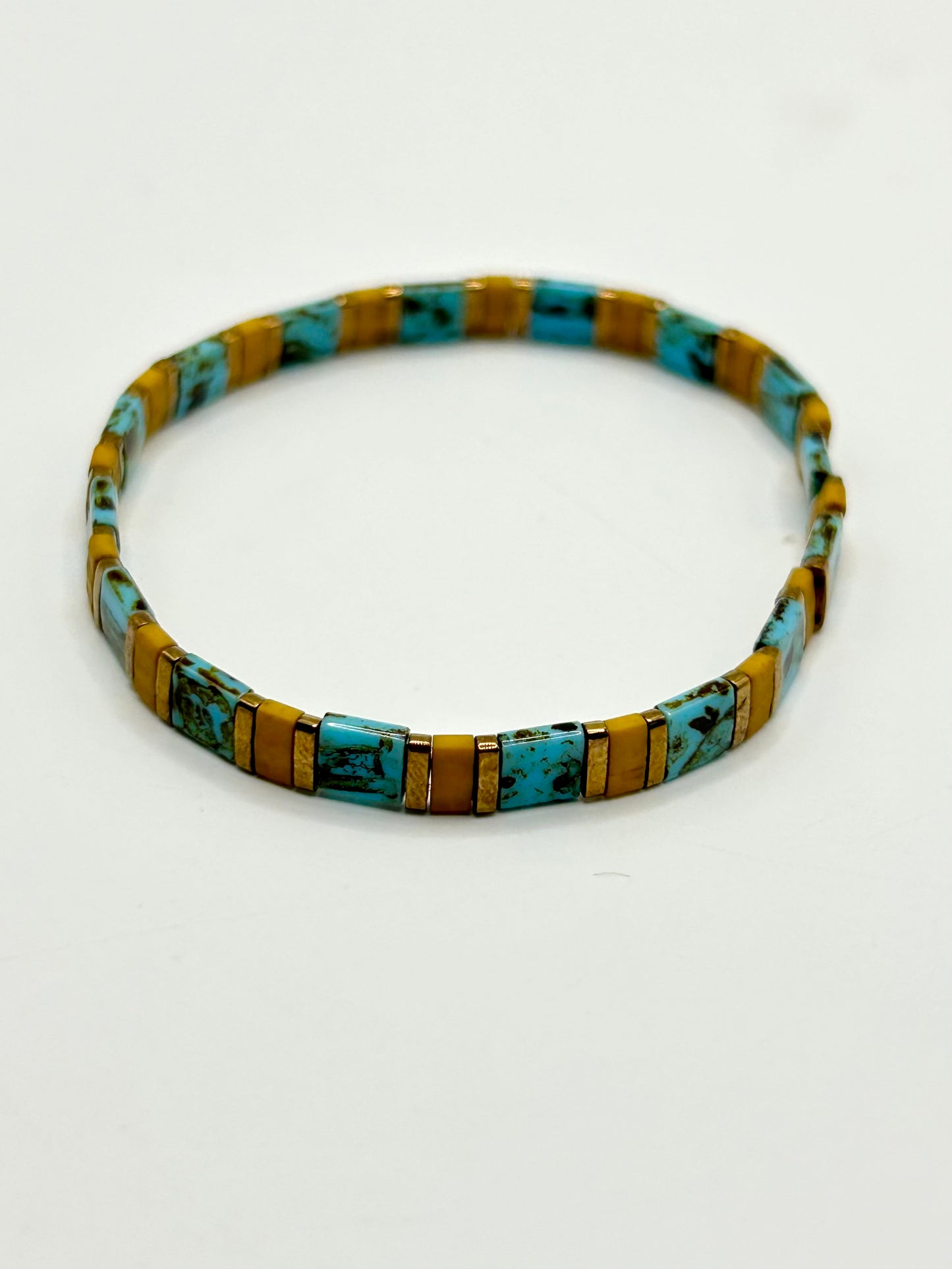 Sunset Turquoise Tila Glass Bead Elastic Bracelet Collection