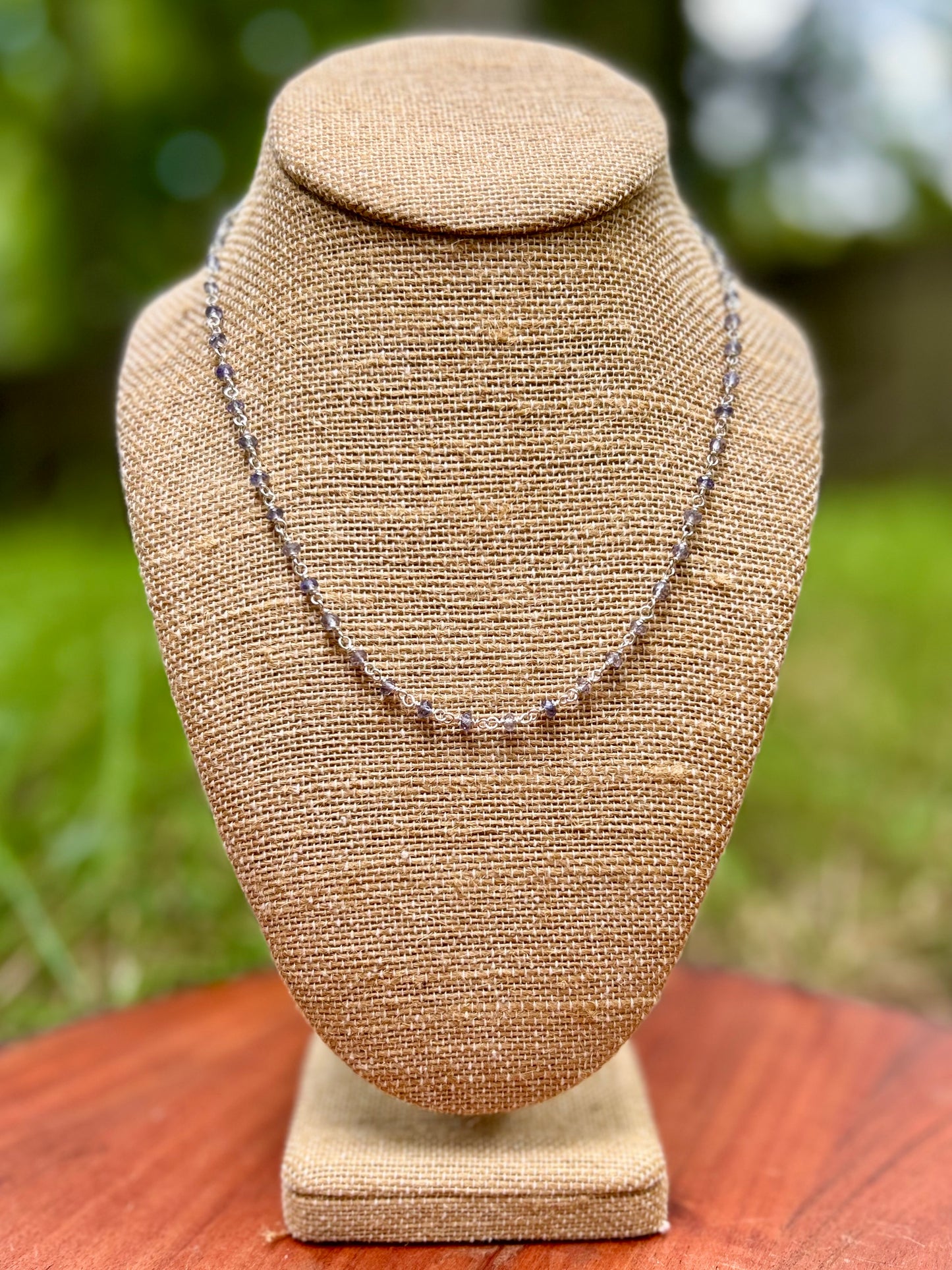 Iolite Gemstone Sterling Silver Chain Link Wire Wrapped Necklace