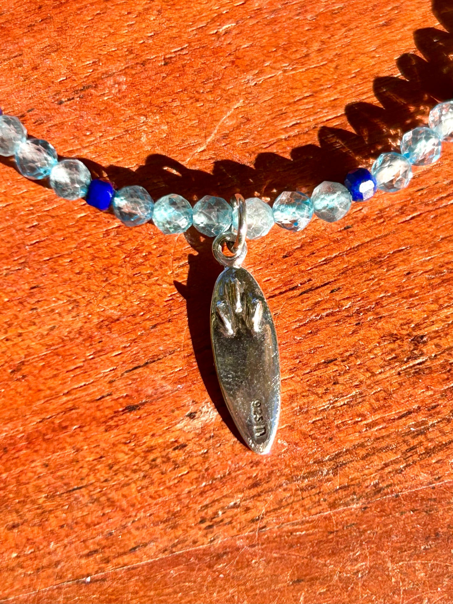 Blue Topaz & Lapis Lazuli with Surfboard Charm Sterling Silver Beaded Choker Necklace