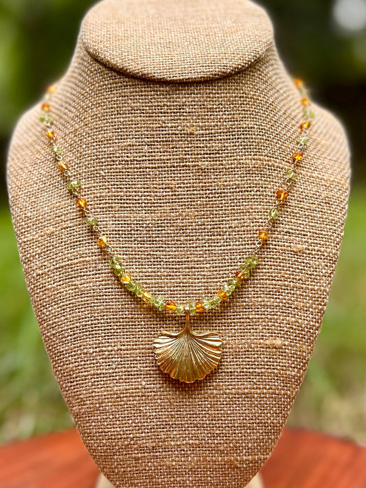 Ginkgo Leaf with Peridot & Amber 14k Gold Fill Chain Link Gemstone Wire Wrapped Necklace