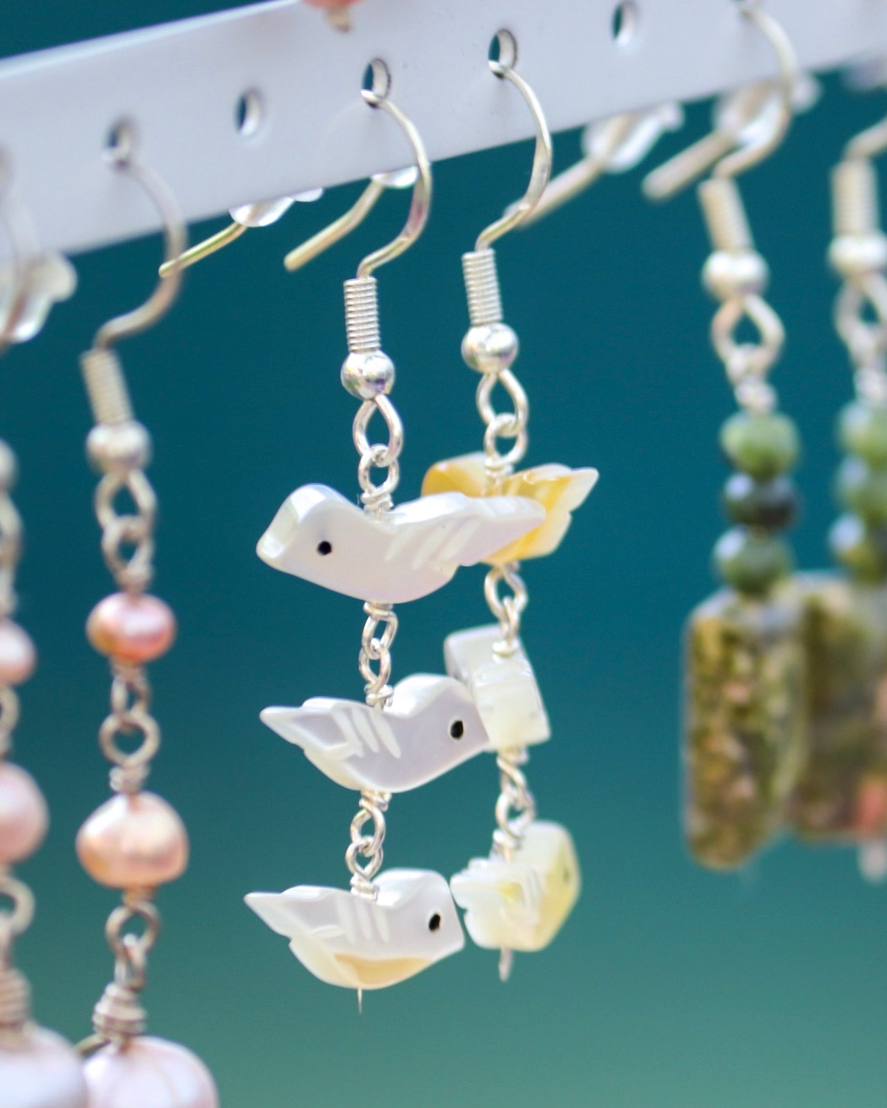 Mother of Pearl Birds Gemstone Sterling Silver Dangly Earrings