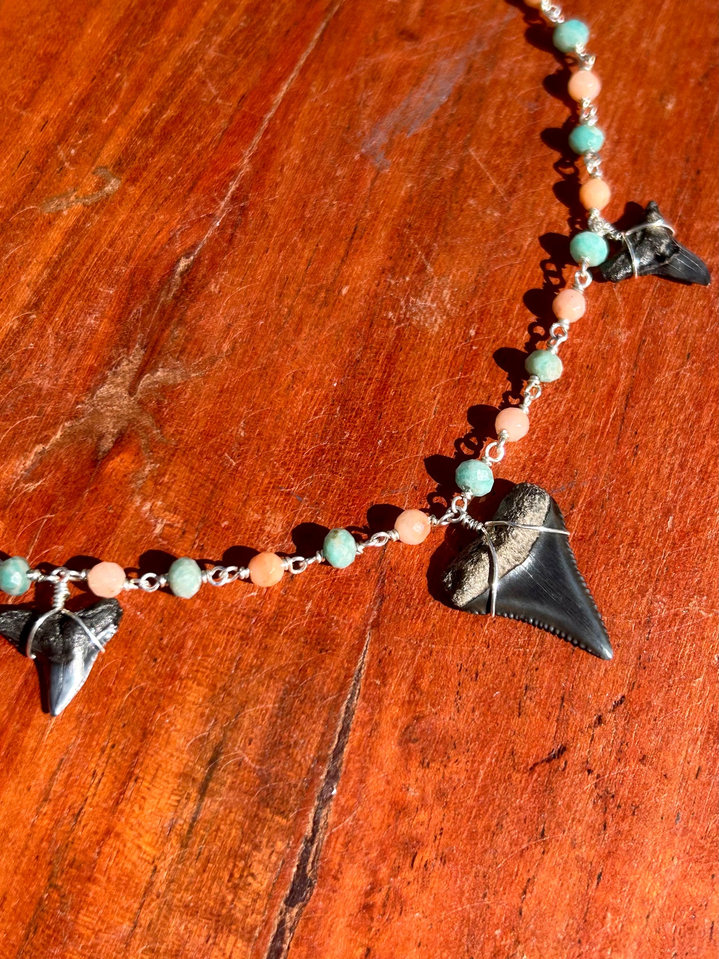 Triple Shark Tooth Fossils with Russian Amazonite & Red Aventurine Sterling Silver Chain Link Necklace