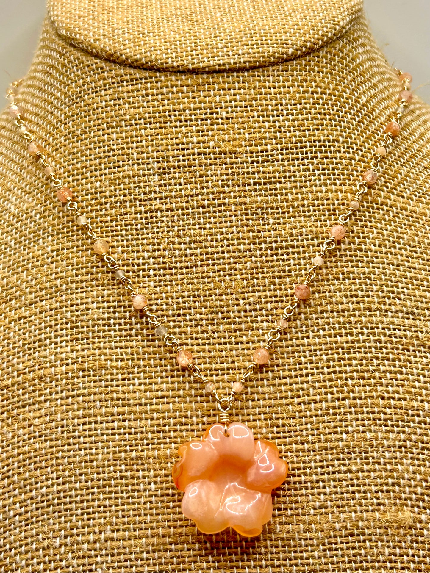 Carnelian Flower Pendant with Sunstone & Moonstone 14k Gold Fill Chain Link Gemstone Wire Wrapped Necklace