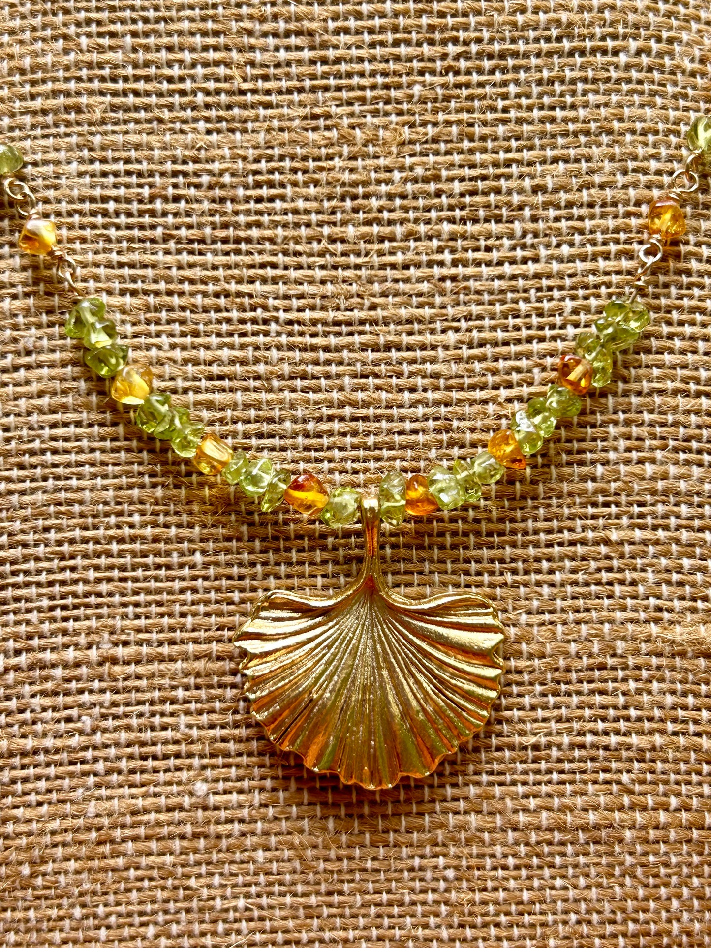 Ginkgo Leaf with Peridot & Amber 14k Gold Fill Chain Link Gemstone Wire Wrapped Necklace