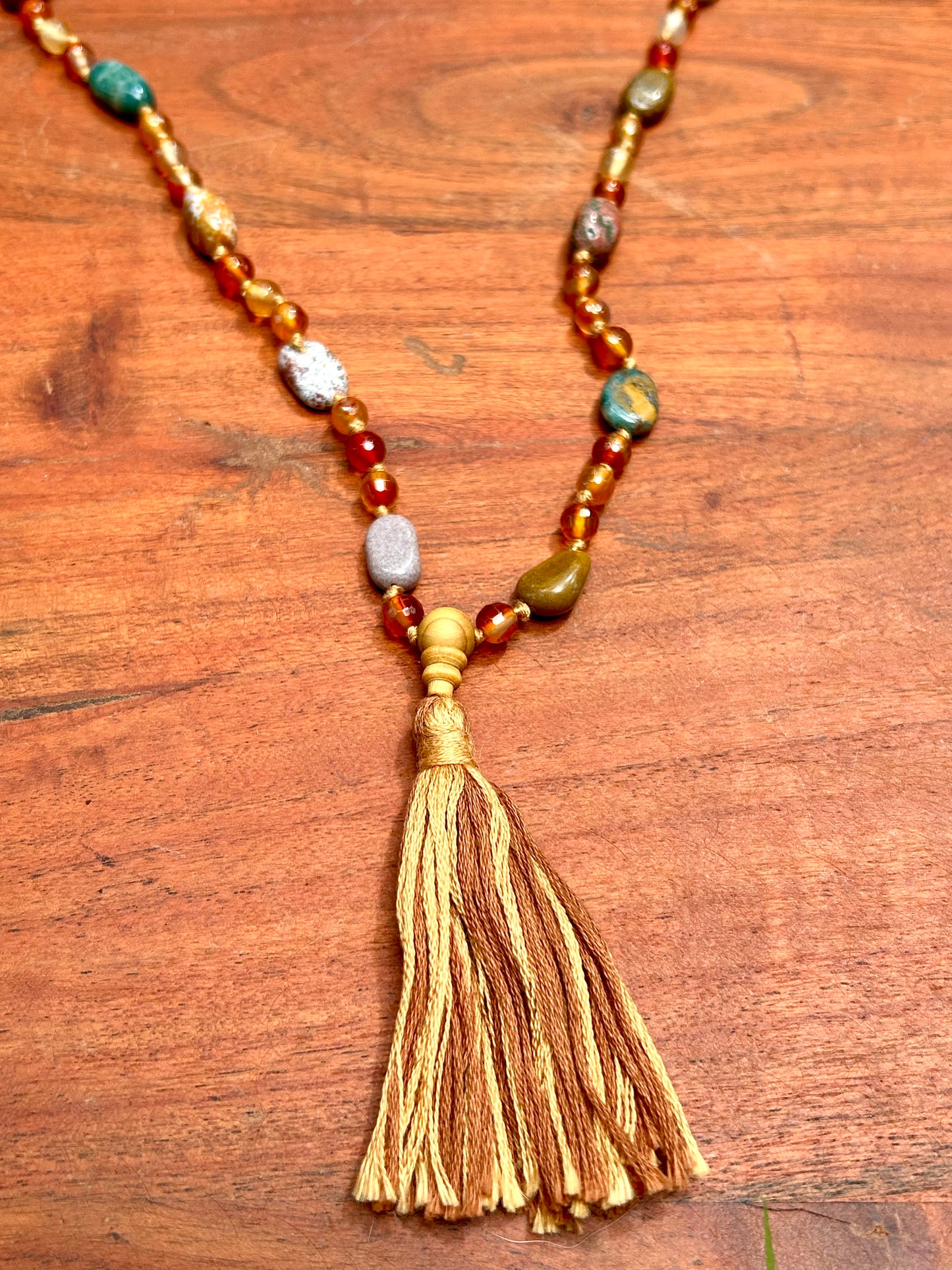 Ocean Jasper & Carnelian Hand Knotted Mala Beads Necklace