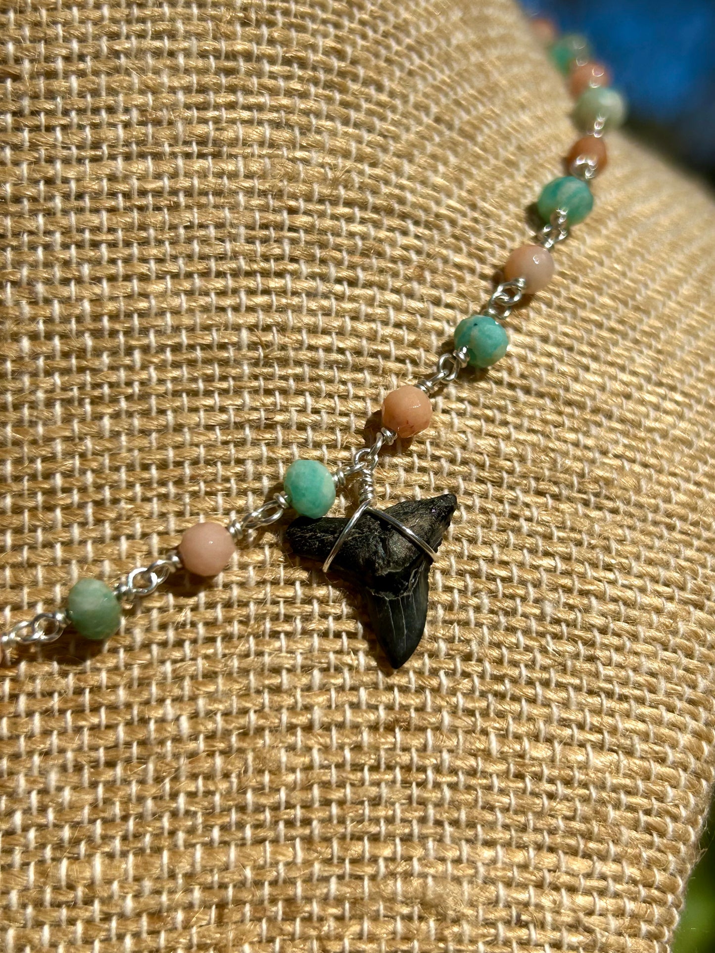 Triple Shark Tooth Fossils with Russian Amazonite & Red Aventurine Sterling Silver Chain Link Necklace