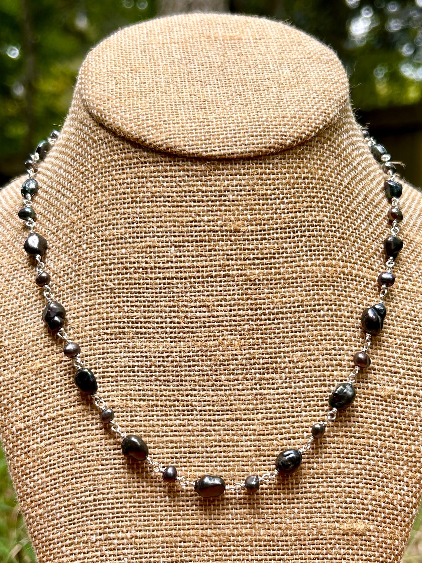 Black Freshwater Pearl Sterling Silver Chain Link Wire Wrapped Necklace