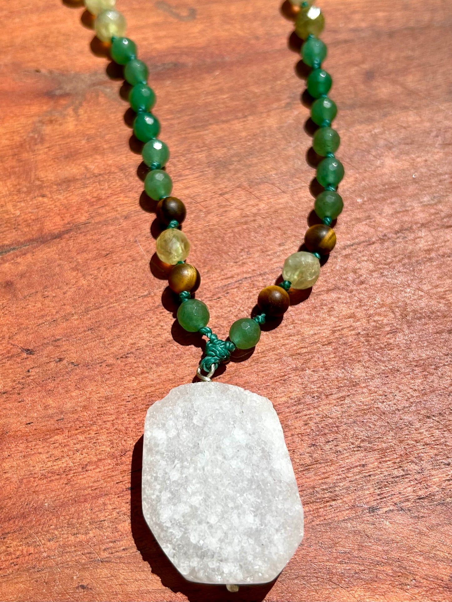 Quartz, Green Aventurine, Prehnite & Tiger’s Eye Hand Knotted Mala Beads Necklace