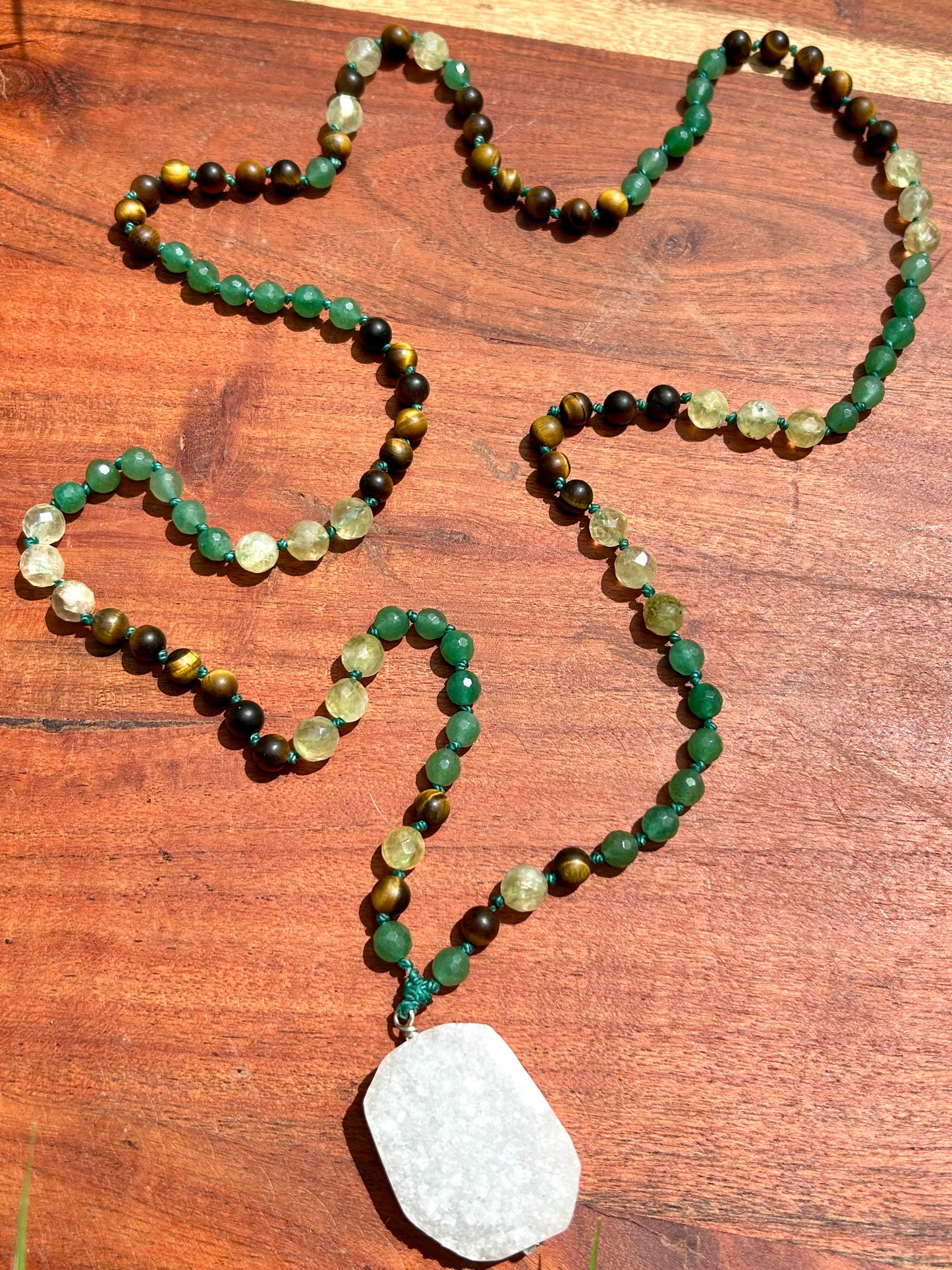 Quartz, Green Aventurine, Prehnite & Tiger’s Eye Hand Knotted Mala Beads Necklace