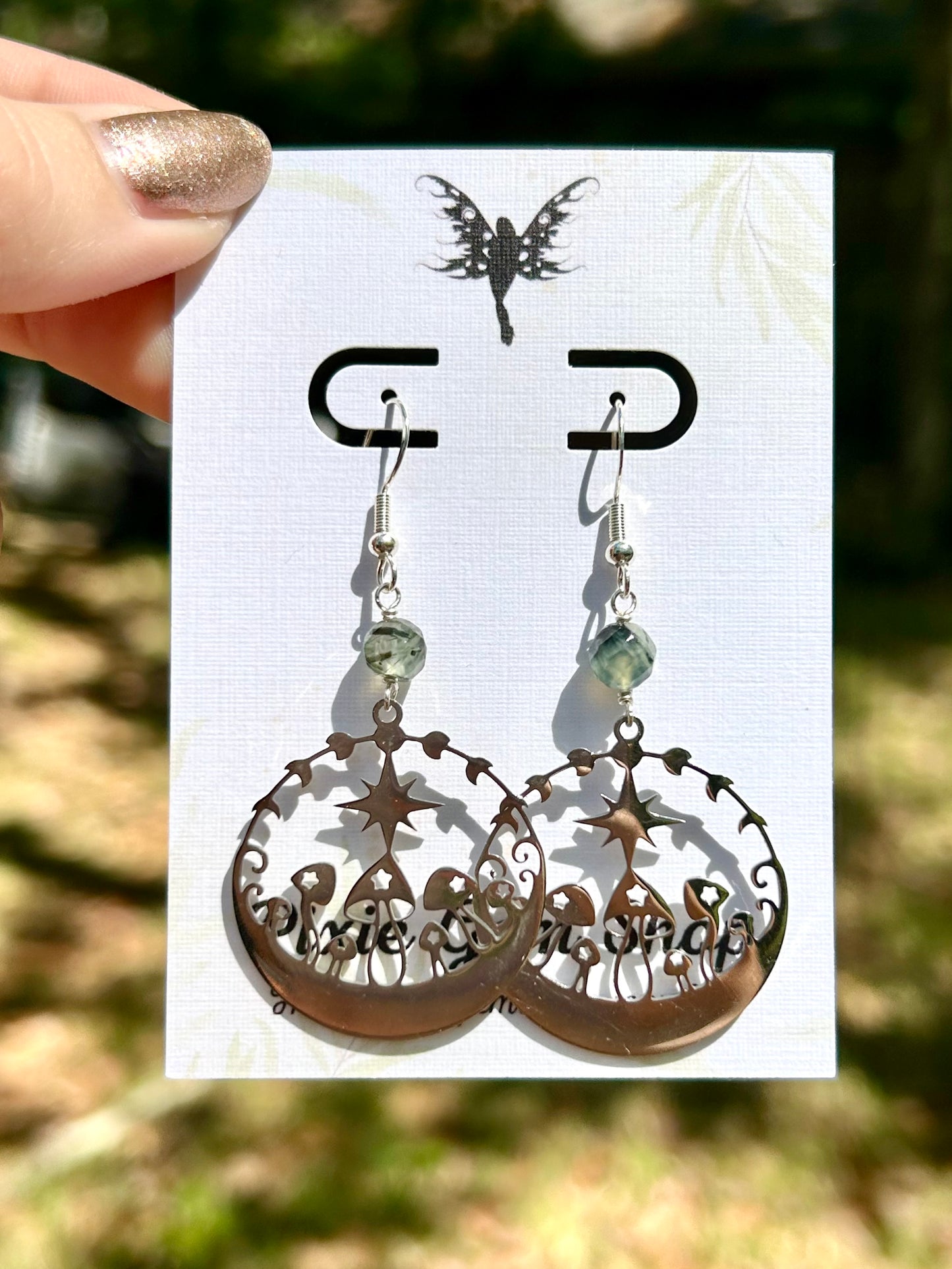 Celestial Mushrooms & Prehnite Gemstone Sterling Silver Dangly Earrings