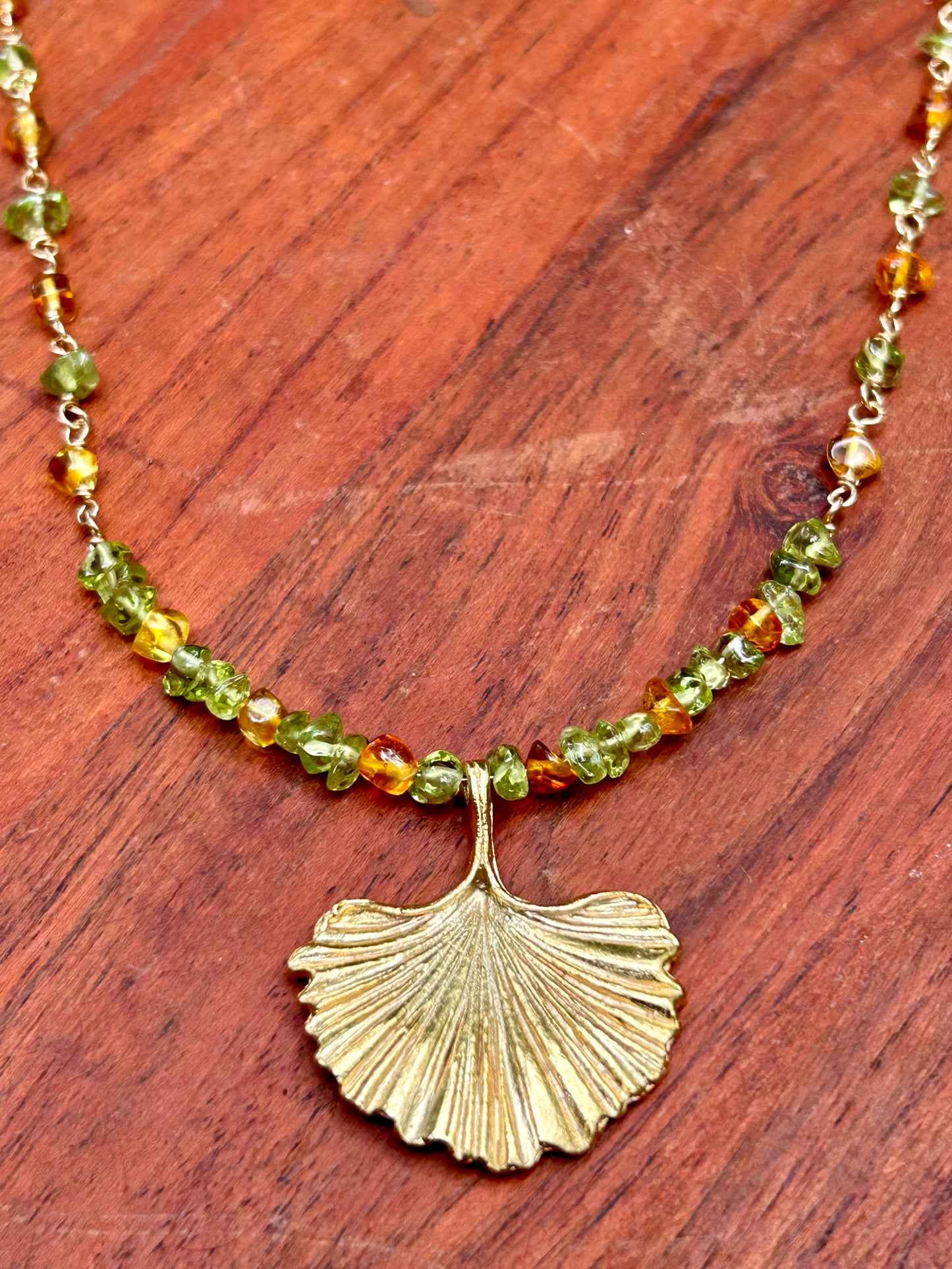 Ginkgo Leaf with Peridot & Amber 14k Gold Fill Chain Link Gemstone Wire Wrapped Necklace